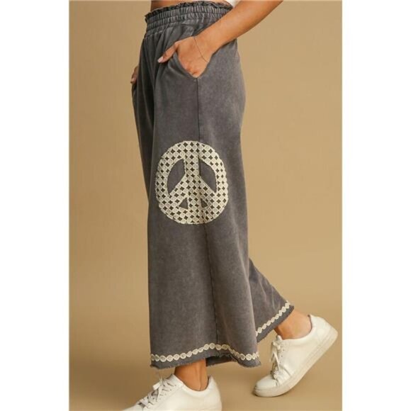 Umgee Full Size Peace Lace Applique Mineral Wash Wide Leg Pants Plus‎ Size - Picture 2 of 3